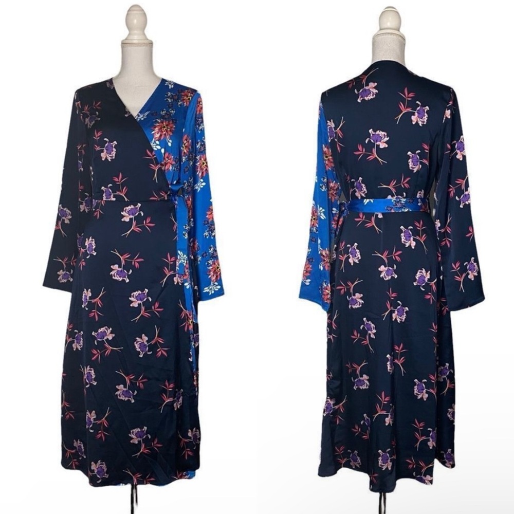 Liquorish Women's Sz 10 Block FLoral Blue True Wrap Midi Dress